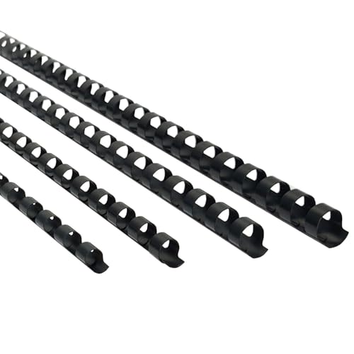 RAYSON Canutillos encuadernar de plástico, Multitamaño, 21 anillas, Capacidad de encuadernación de 20-90 hojas, 6mm 8mm 10mm 12mm, A4, Negro, paquete de 100