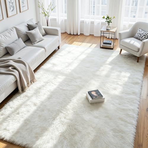 6x9 Fluffy Area Rug for Living Room: Soft Non-Slip White Bedroom Carpet