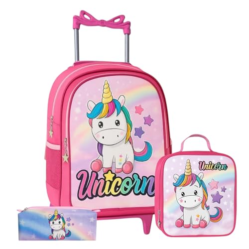 Kit Mochila de Rodinha Escolar Infantil Menina e Menino + Lancheira + Estojo Grande Box Necessaire (Unicornio)