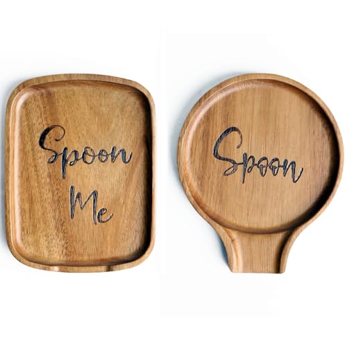 Set of 2 Wood Spoon Rest for Stove Top- Smooth Acacia Wood Spoon Holder for Kitchen Counter with Non Slip Silicone Feet,Perfect Holder for,Spatulas Tongs and Spoons (Brown (Labeled "Spoon"))