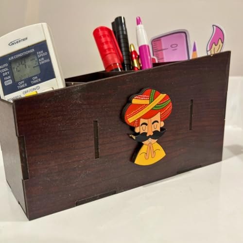 Image of Zesta Wooden Desk Organizer Pen Stand Remote Holder Card Slot | Table Accessory Office Desk Study Room | Pencil Storage Stand Stylish Workspace Decor (Rajasthani Man)