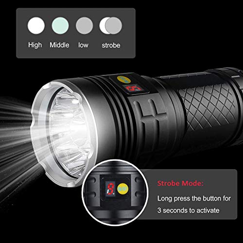 Super Bright Flashlight 14000 Lumen USB Rechargeable Tactical Flashlight with 15x T6 LED, LUXNOVAQ 4 Modes Waterproof Handheld LED Torch Light with Power Display and 4pcs Batteries for Camping
