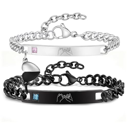 Pinky Promise Couple Bracelets for Men Women : His Hers Stainless Steel Cuban Link Chain Matching Bracelets Set for Boyfriend Girlfriend Husband Wife, Romantic Gifts for Valentines Anniversary