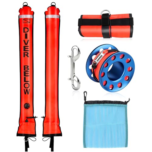 Scuba Diving SMB Kit, 4FT DSMB Surface Marker Buoy, 49ft Finger Spool Reel+Bolt Snap&Mesh Storage Bag, High-Visibility Safety Signal Tube for Snorkeling, Freediving (4ft Orange Smb+Blue Reel+Blue bag)