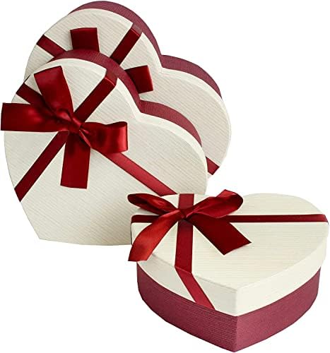 Emartbuy Set of 3 Rigid Heart Shaped Presentation Gift Box, Textured Red Box with White Lid, Polka Dots Interior and Satin Bow Ribbon