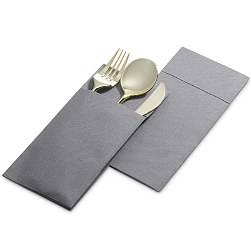 Disposable Linen-Feel Dinner Napkins with Built-in Flatware Pocket, 500-Pack GRAY Prefolded Cloth Like Paper Napkins For Dinner, Wedding Or Party [Silverware NOT Included] - Thumbnail 3