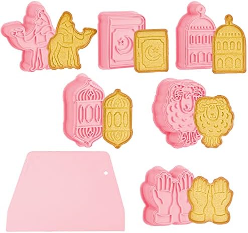 6PCS Eid Mubarak Cookie Cutters Set,3D Ramadan Islamic Muslim Cookie Stamp Biscuit Cutters,DIY Biscuit Press Stamp Molds,Biscuit Embossing Fondant Baking Tool,Camel,Lantern,Islamic Star,Star,Hand