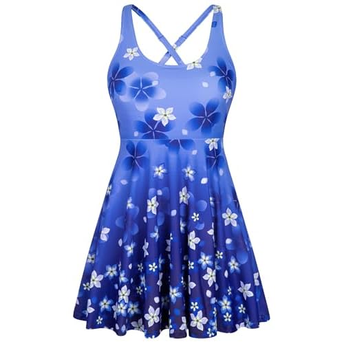 HUSKARY One Piece Swim Dress for Women Swimsuits 2026 Tummy Control Adjustable Strap Modest Cute Bathing Suit Medium Blue Floral