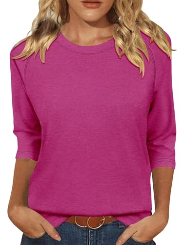 KISSMODA Tunic Tops for Women Loose Fit Dressy Round Neck Pleated 3/4 Length Sleeve Spring Tops