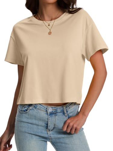 Image of SMENG Women's Crop Tops Cotton Loose Fit Tshirt Basic Short Sleeve Shirt