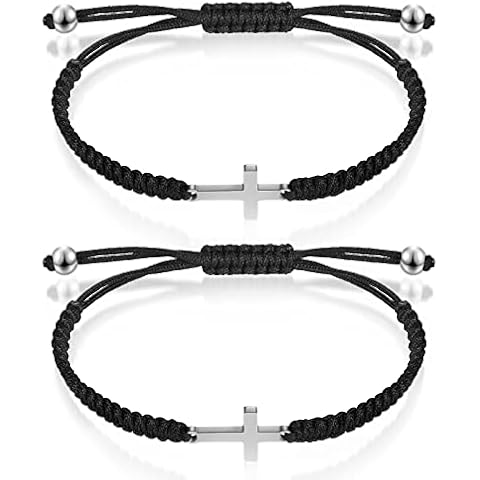 Sureio 2 Pcs Friendship Cross Bracelet String Rope Braided Bracelet Cross Charm Adjustable Handmade Matching Couple Bracelets for Women Men Brother Kabbalah Strand Lucky BFF Bracelets (Black) Cover