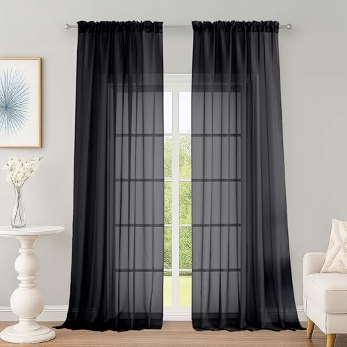 Image of OWENIE Black Sheer Curtains, Sheer Curtains 96 inches Long 2 Panels Set, Rod Pocket Voile Fimly Sheer Drapes for Living Room /Bedroom, 2pcs, Each 59 inch W x 96 inch L