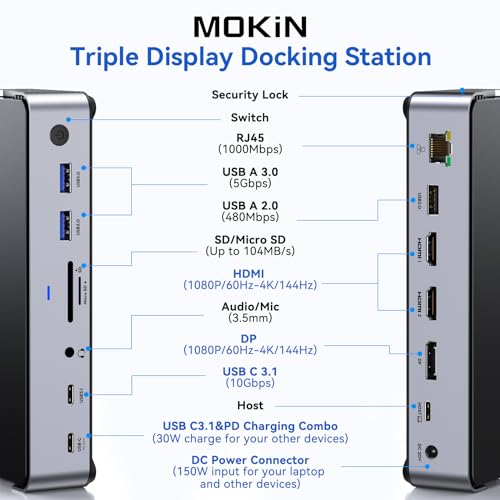 Image of USB C Docking Station 3 Monitors Laptop USB C Dock Dual Monitor with 2 HDMI DisplayPort 4K144Hz,USB A 2.0 /3.0,USBC 3.1 10Gbps&30W Output,Ethernet,microSD&SD,Audio&Mic,150W DC Power for Dell /Lenovo /HP