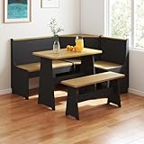 Breakfast Nook Corner L-Shape Kitchen Dining Table Bench Chair Set, Solid Wood,Space-Saving 3-4 Seat for Family Home Black Wood