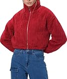 FASHIONSPARK Womens Sherpa Fleece Jacket Cropped Zip Up Fuzzy Teddy Bear Coat Winter Warm Chunky Outerwear (Red,L)