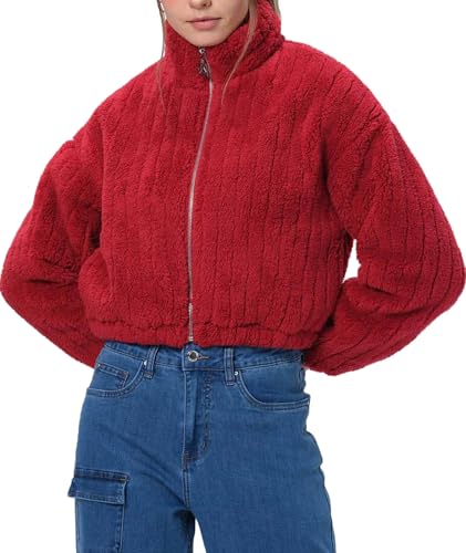 FASHIONSPARK Womens Sherpa Fleece Jacket Cropped Zip Up Fuzzy Teddy Bear Coat Winter Warm Chunky Outerwear (Red,L)