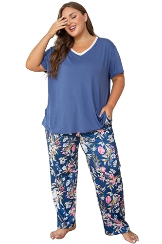 Image of Vozanet Women's Pajama Sets Short Sleeve with Long Pant Soft Sleepwear Printed pj Loungewear With TWO Pockets Size 1X to 5X