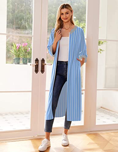 Ekouaer Women Zipper Front Robes Long Bathrobe Half Sleeve Night Gowns 3/4 Sleeve Sleepwear Blue And White Stripes Medium #TOP2