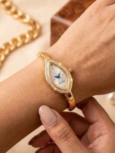Image of Gold Snake Bracelet Watch for Women in Golden Black Colour, Black Teardrop Dial Analog Watch, Designer Jewellery Style, Party, Wedding 229