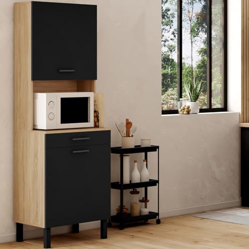 IDMarket - Buffet de cuisine 60 CM CINA 2 portes + tiroir façon hêtre et noir