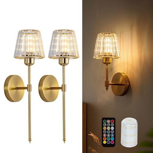 Gold Wall Lights Battery Operated, Crystal Rechargeable Wall Sconces Set of 2 with 5000mAh Dimmable Bulbs and Remote, 12 Colors Wireless Wall Lamps Set of Two for Bedroom Living Room Bathroom