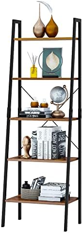 SOMY Industrial 5 Tier Ladder Shelf, Vintage Storage Bookshelf with Metal Frame Multifunction Plants Flower Stands Display Rack for Garden, Hallway, Office, Living Room Rustic Brown