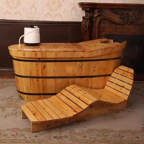 PA-DABAOO Freestanding Bathtub with Steaming Machine And Cover, Luxury Solid Wood Spa Soaking Tub, Large Oval Wooden Bathtub with Detachable Full Body Seat, Ergonomic Design,1.5M/4.9ft