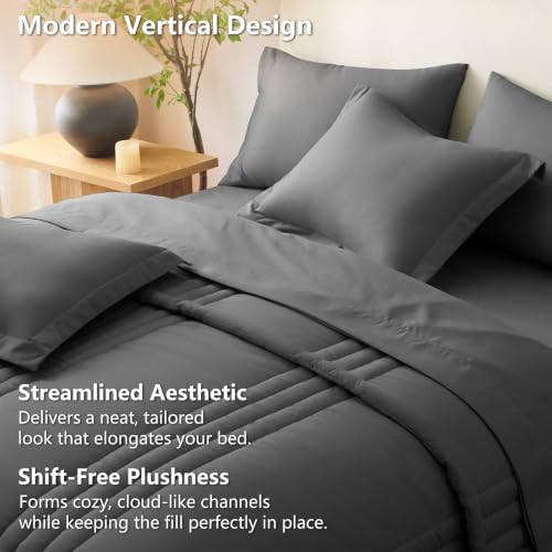 Image of CozyLux Oversized King Comforter Set Dark Grey - 7 Pieces Bed in a Bag, Modern Vertical Quilted Room Decor, Soft All-Season Bedding Gift with Comforter, Sheets, Pillowcases & Shams