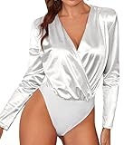 Chigant Womens Satin Bodysuit V Neck Long Sleeve Body Suit Blouse Wrap Leotard Shirt XX-Large