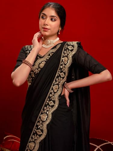 Image of Satrani Women's Vichitra Silk Sequins Embroidery Lace Work Saree with Unstitched Blouse Piece