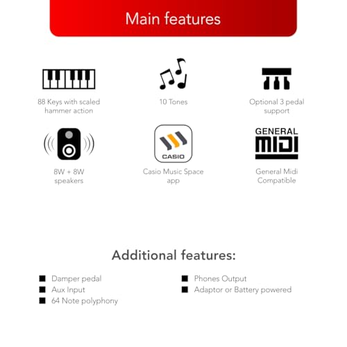 Casio CDP-S160RD (KP80) Beginner's Piano with Scaled Hammer Action 88 Keys, Headphone Jack and Duet Mode - Red - Image 4 thumbnail