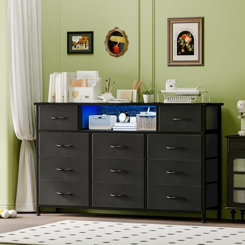 Black Dresser with 11 Drawers for Bedroom TV Stand and Charging Station
