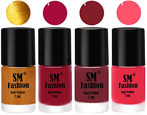 Image of Nail Polish Combo Set (Pack of 4) Quick Dry Gel Finish Nail Paint | Golden,Raspberry,Lip,Dark Pink | 7 ml Each