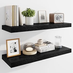 Marsmiles 30″ Floating Shelves for Wall, Wooden Shelves with Invisible Brackets Set of 2, Rustic Farmhouse Wall Mounted Shelf for Kitchen Bathroom Living Room Study, Black
