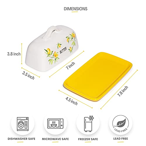 Mosjos Butter Dish With Lid For Countertop - Yellow Stoneware Butter Holder For Fridge, Kitchen & Garden - East West Coast Butter Dish With Handle For Farmhouse & Vintage Style Homes (92771) #TOP2