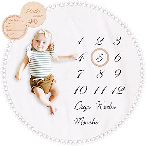 Image of Baby Milestone Monthly Blanket with Double-Sided Milestone Cards and Circle Ring Play Mat Large(43.3" X43.3') Double Sided Pom Pom Ball Thick Flannel Round Rug for Boy Girl, Baby Photography Props