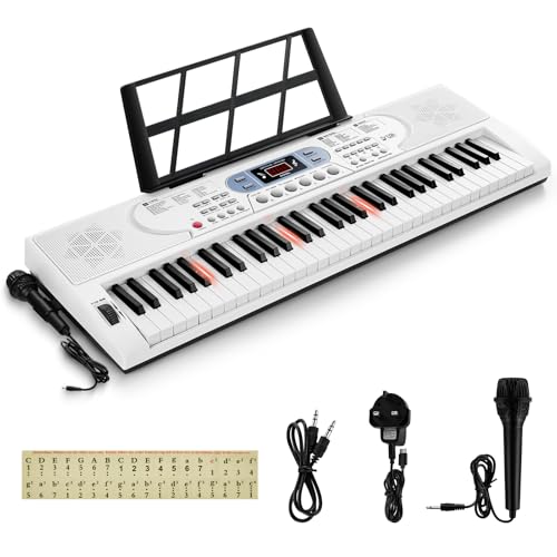 INMOZATA 61 Key Electronic Keyboard Piano, Musical Keyboard for Beginner, Light Up Keyboard Piano with Microphone Piano Note Sticker, White