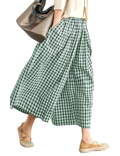 Image of LOMON Womens Wide Leg Capri Pants Gingham Plaid Culottes Summer Elastic Waist Palazzo Trousers Bottoms with Pockets