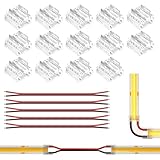 kit ruban led rgbw Kit complet 19 pièces avec rallonges incluses : Le set comprend 14 connecteur led cob 8mm 2pin transparents et 5 câbles d’extension 20AWG de 15 cm. Ce connecteur ruban led 2pin 8mm permet prolongation, raccordement d’angle ou liaison alimentation pour installations LED continues et propres sans interruption lumineuse visible. Attention: lors du raccordement de bandes LED étanches IP65/IP67, la silicone présente sur les points de soudure doit être retirée