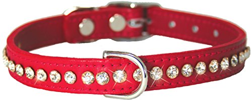 Image of Signature Leather Crystal Dog Collar, Red Solid Grain Leather, Fits 6 inch-8 inch Neck Size, 10 inch Overall Length