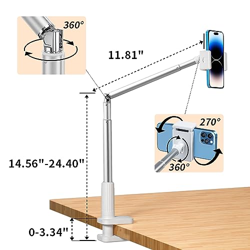 yAyusi Soporte Teléfono para Grabación de Vídeo, Soporte para Teléfono Celular con Brazo Articulado con Anillo de Luz LED, Trípode de Escritorio/Mesita de Noche para Youtube/Live Stream (Blanco) - imagen 3