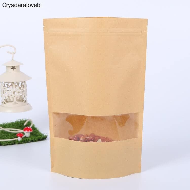 100pcs Packing Zip Lock Kraft Paper Window Bag Stand up Gift Dried Food Fruit Tea Packaging Pouches Zipper Self Sealing Bags (15X22cm)