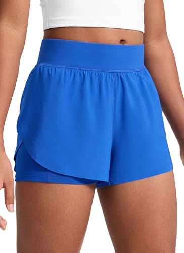 CRZ YOGA Girls Feathery-Fit Soft 2 in 1 Dolphin Athletic Shorts - Tennis Soccer Running Casual Liner Pockets Kids Teen Sparkle Blue Medium