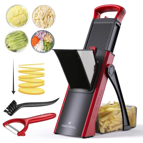 ONCE FOR ALL Fatiador mandril seguro para cozinha, tamanho maior, cortador de vegetais ajustável, cortador de batata frita com descascador, removível, artefato de corte de cozinha (vermelho)