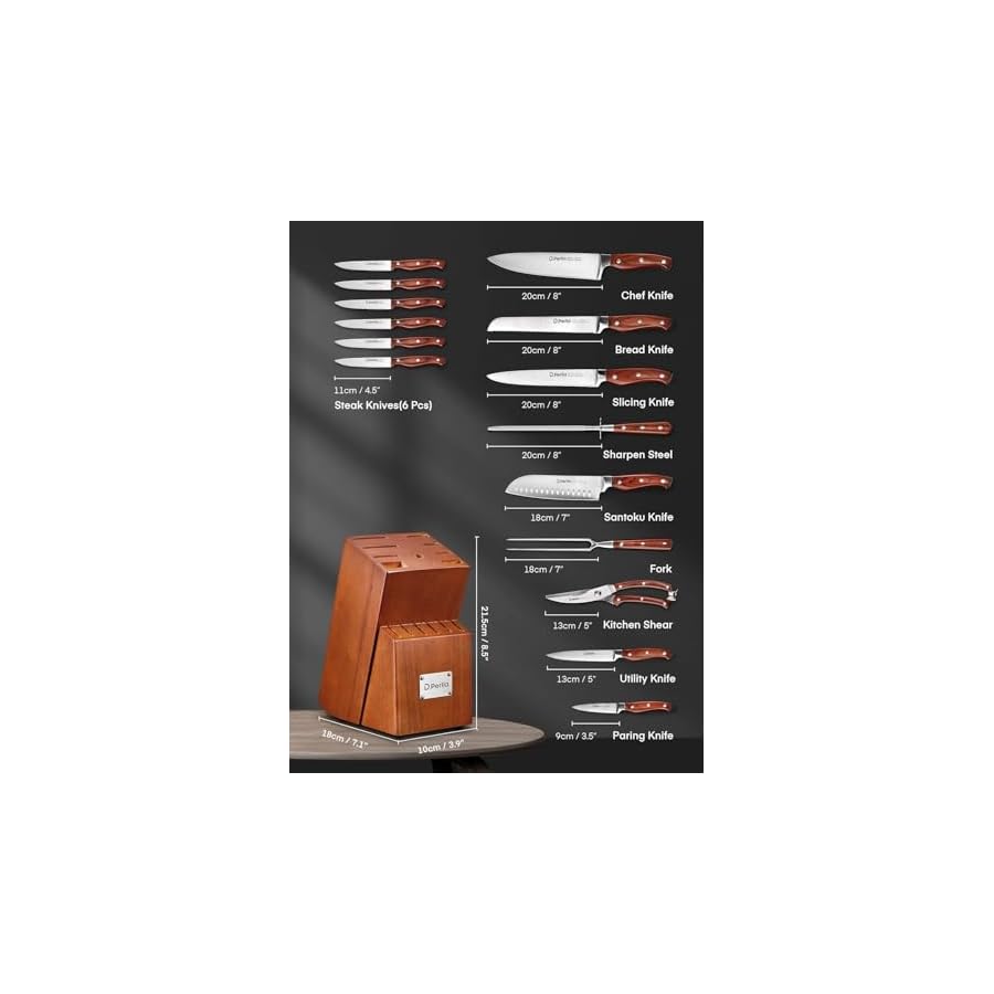 Knife-Set-with-Block-16-Pcs-Stainless-Steel-Kitchen-Knife-Set-with-Sharpener-Wooden-Block-Knife-Block-Set-with-Wood-Handle-Chef-Santoku-Bread-Utility-Paring-Carving-Fork-Knife-Brown Knife Set with Block, 16 Pcs Stainless Steel Kitchen Knife Set with Sharpener & Wooden Block, Knife Block Set with Wood Handle, Chef, Santoku, Bread, Utility, Paring & Carving Fork Knife, Brown