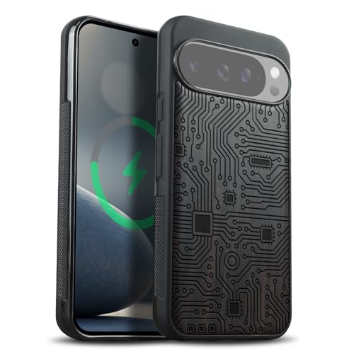 Carveit Magnetic Wooden Case for Google Pixel 10 Pro XL Case, Wood Artisan Engraved & Soft TPU Shockproof Cover, Compatible with MagSafe Wireless Chargers (Abstract Motherboard Linework Art) Blackwood