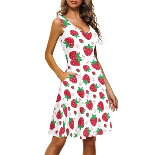Image of Women's Casual Loose Sundress Midi Sleeveless Crewneck Dress Summer Beach Tank Dress with Pockets