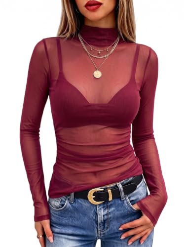 Image of Meetrendi Women's Ruched Mesh Top Sheer Long Sleeve Mock Neck Shirts