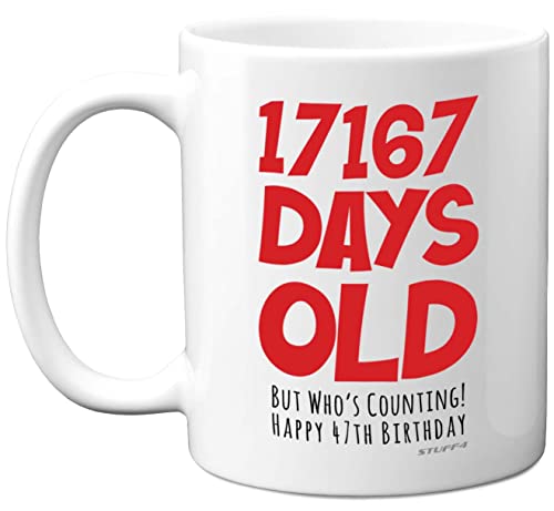Taza regalo 47 cumpleaños hombres mujeres, él ella, 17167 días edad, divertida adultos, cuarenta siete cuarenta séptimo regalo feliz cumpleaños hermano papá, mamá, tío tía, tazas café cerámica
