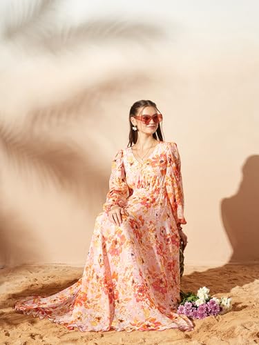Image of Miss Chase Women's Multicolored-Base-Brown Relaxed Fit Maxi Lurex Chiffon Dress